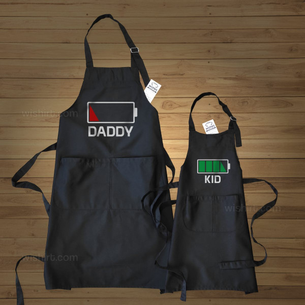 Father and Child Apron Set Battery and Personalizable Word