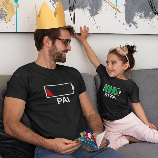 Conjunto T-shirts Pai e Filha Bateria Palavra Personalizável