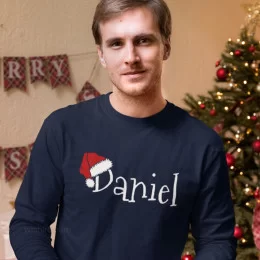 T-shirt Manga Comprida Gorro Pai Natal Nome Editável Homem